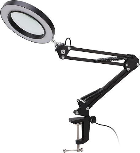 Lupa 5X con luz LED, 10 niveles de brillo, 3 colores, lámpara de escritorio de banco de trabajo, luz de lectura LED con clip y brazo flexible, lupa