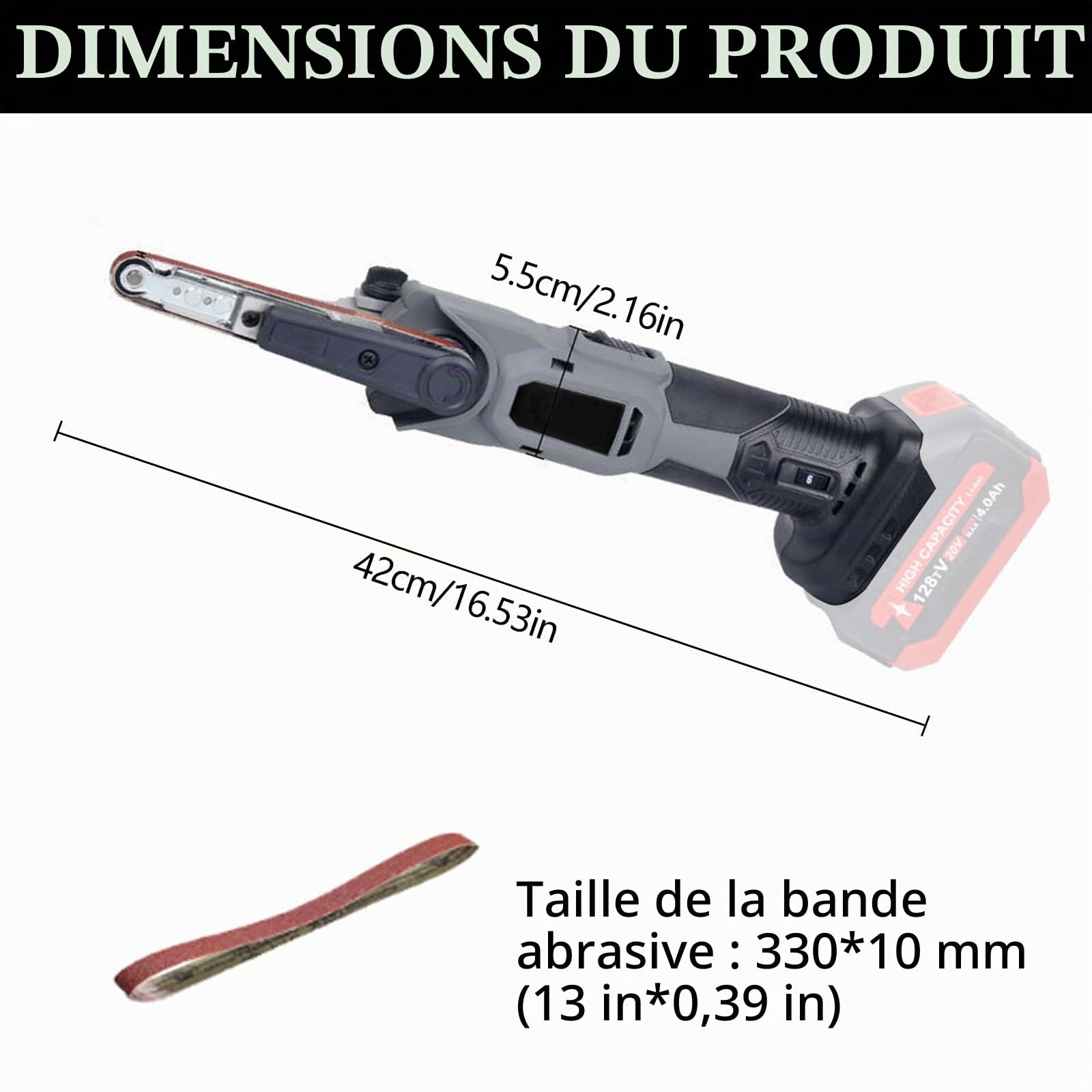 Ponceuse Bande Batterie pour Makita 18V, Ponceuse Sans Fil Sur Multi Ponceuse Lime électrique 10 x 330 mm 3 Bandes Abrasives 6 Vitesses Réglables 35° (Sans Batterie)