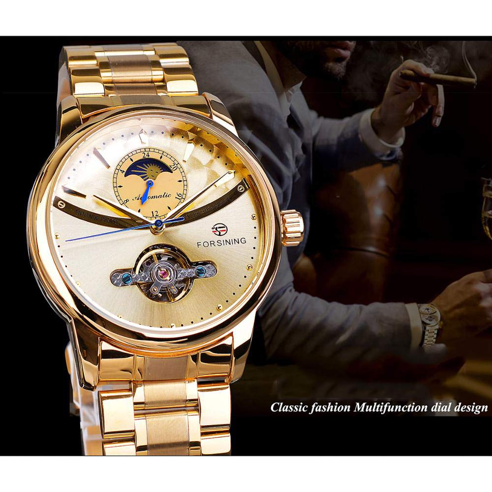 MASTOP Herren Automatik Analog Uhr Mode Skelett Tourbillon Wasserdicht Mondphase Edelstahl Mechanische Uhr