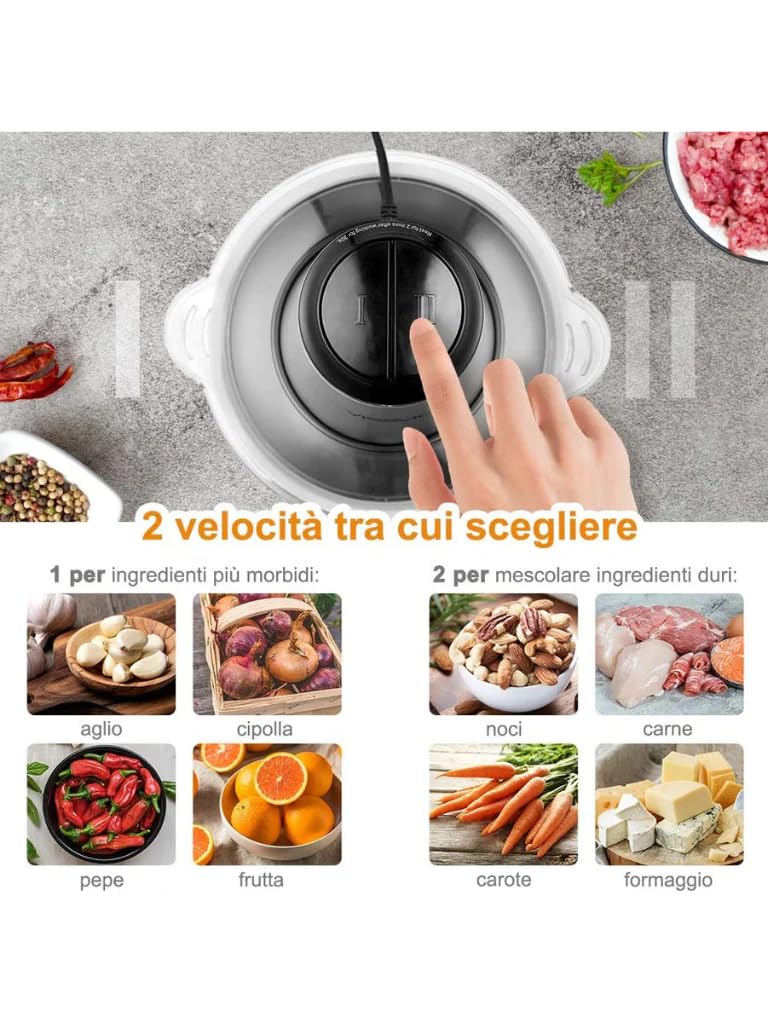 Royal Swiss Tritatutto Elettrico, 3L, 500W, Acciaio Inox, 4 Lame, 2 velocità, Robusto e Durevole Per tutti i tipi di utilizzo (5L)
