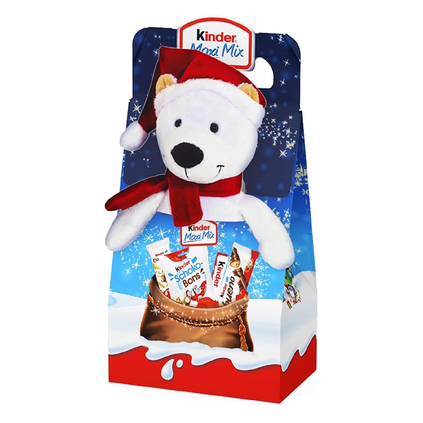 Immagine del prodotto Kinder Mix Peluche - 11 Snack Dolci al Cioccolato Assortiti, Box Speciale con Orso Peluche Natalizio, Idea Regalo, Confezione da 133 gr