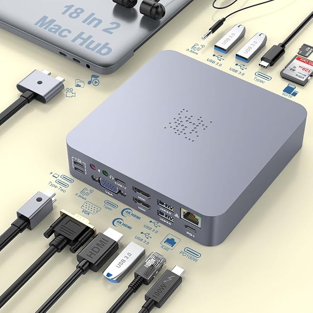 MacBook Pro Docking Station 4K Triple Display MacBook Pro HDMI Adapter 18 in 2 USB C Adapter for MacBook Pro Air Mac HDMI Dock USB C Dongle to Dual HDMI VGA 100WPD SD TF RJ45 6USB 3.5mm Audio
