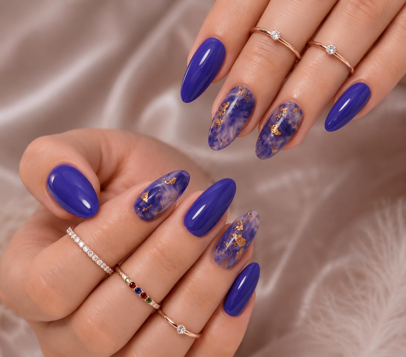 JESCO Press On Nails for Women, Reusable Artificial Fake Nails with Glue & Accessories, 20 PCS Glossy Gel Almond Shape Purple Marble Gold Foil Nail Extensions, perfect for everyday wear-image-17