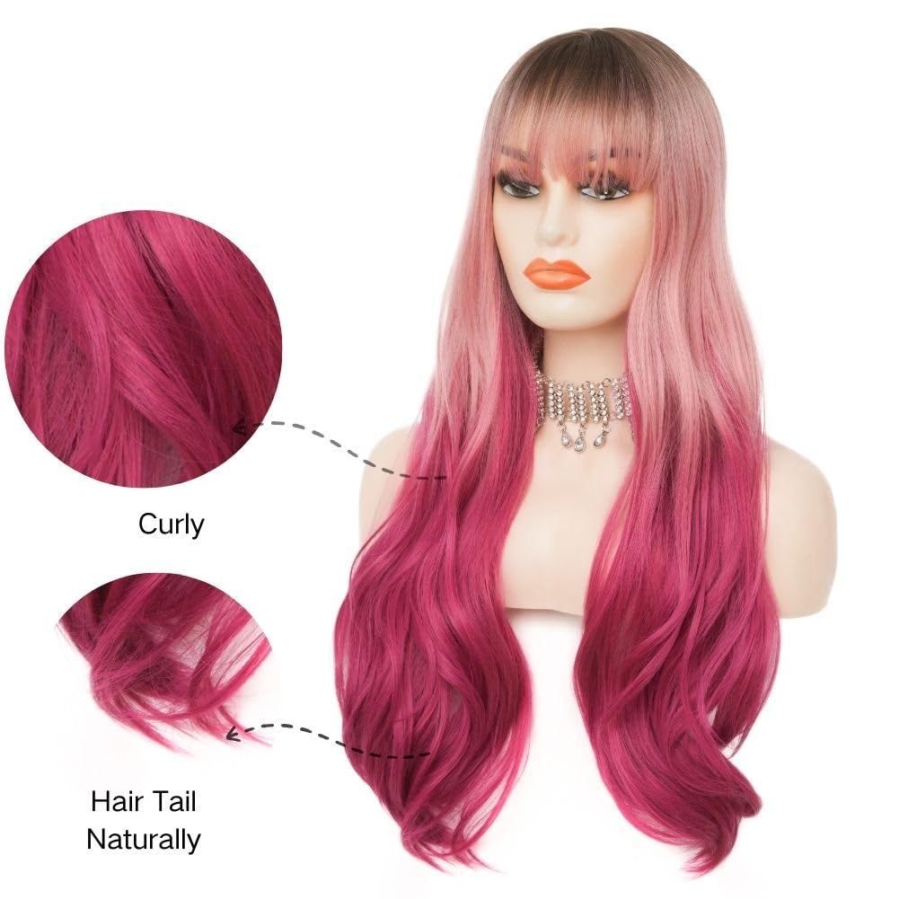 Siudus Ombre Pink Long Curly Wigs for Women with Bangs Dark Root Wavy Cosplay Fluffy Hair Wig Synthetic Fiber Halloween Costume Wig - Image 3
