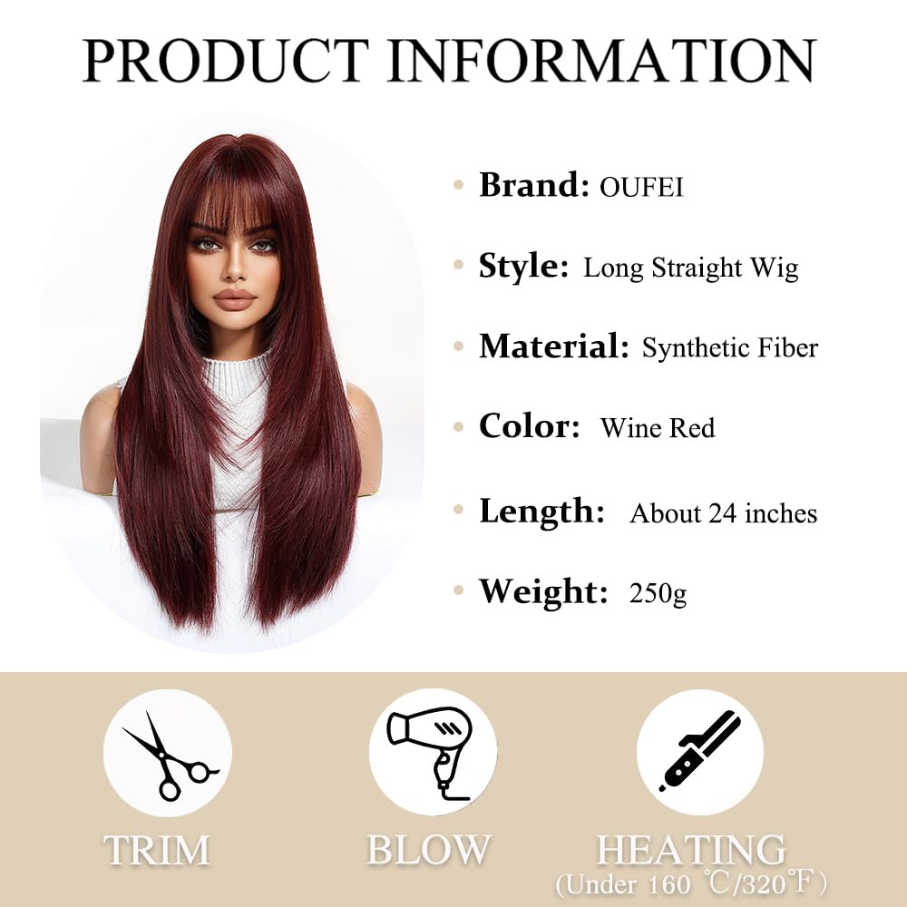 OUFEI Wine Red Wigs for Women with Bangs Long Natural Straight Synthetic Hair Heat Resistant Wigs for Daily Party Cosplay Wear - Image 2