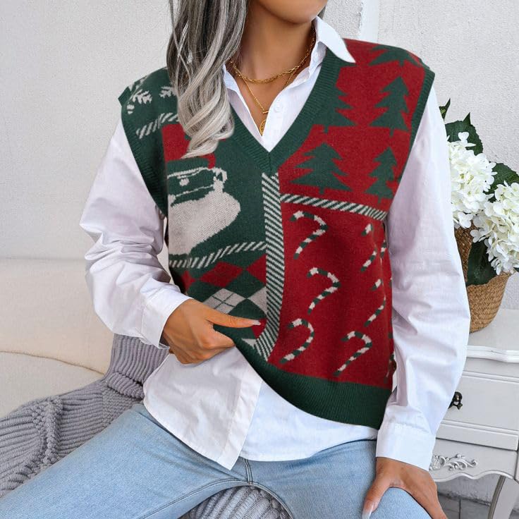 Image of JULYCLO Christmas Sweater Vest Women Ugly Xmas Reindeer Knit Sweaters Casual Santa Snowflake V Neck Sleeveless Outwear Tops
