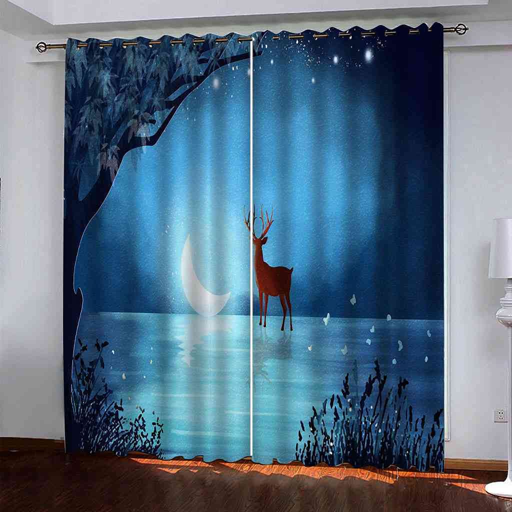 Rideau occultant bleu lot de 2 avec oeillets décor forêt de nuit pour salon