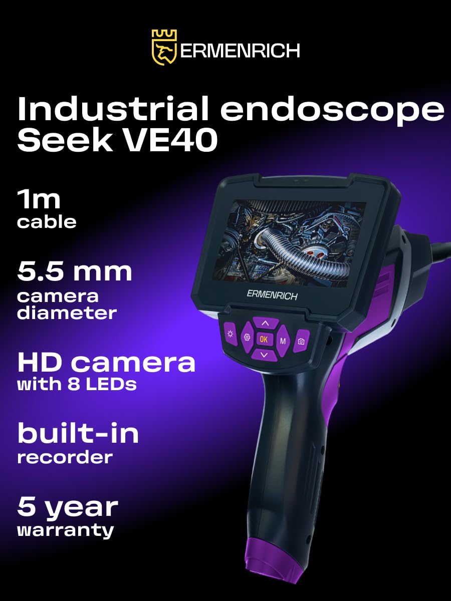 Seek VE40 Endoscopio Industriale LCD 4,3" Cavo Ispezione Video Foto 8 LED Impermeabile IP67 Portatile Flessibile Semi-Rigido Casa e Professionale Nero
