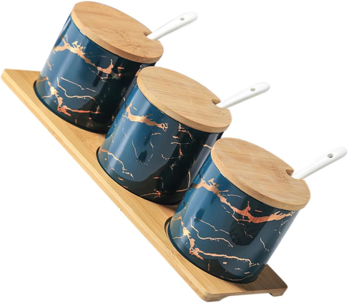 Ceramic Spice Jar Set with Lid and Spoon, Emerald Pattern 3pcs Seasoning Container for Kitchen Dining and Condiment Storage