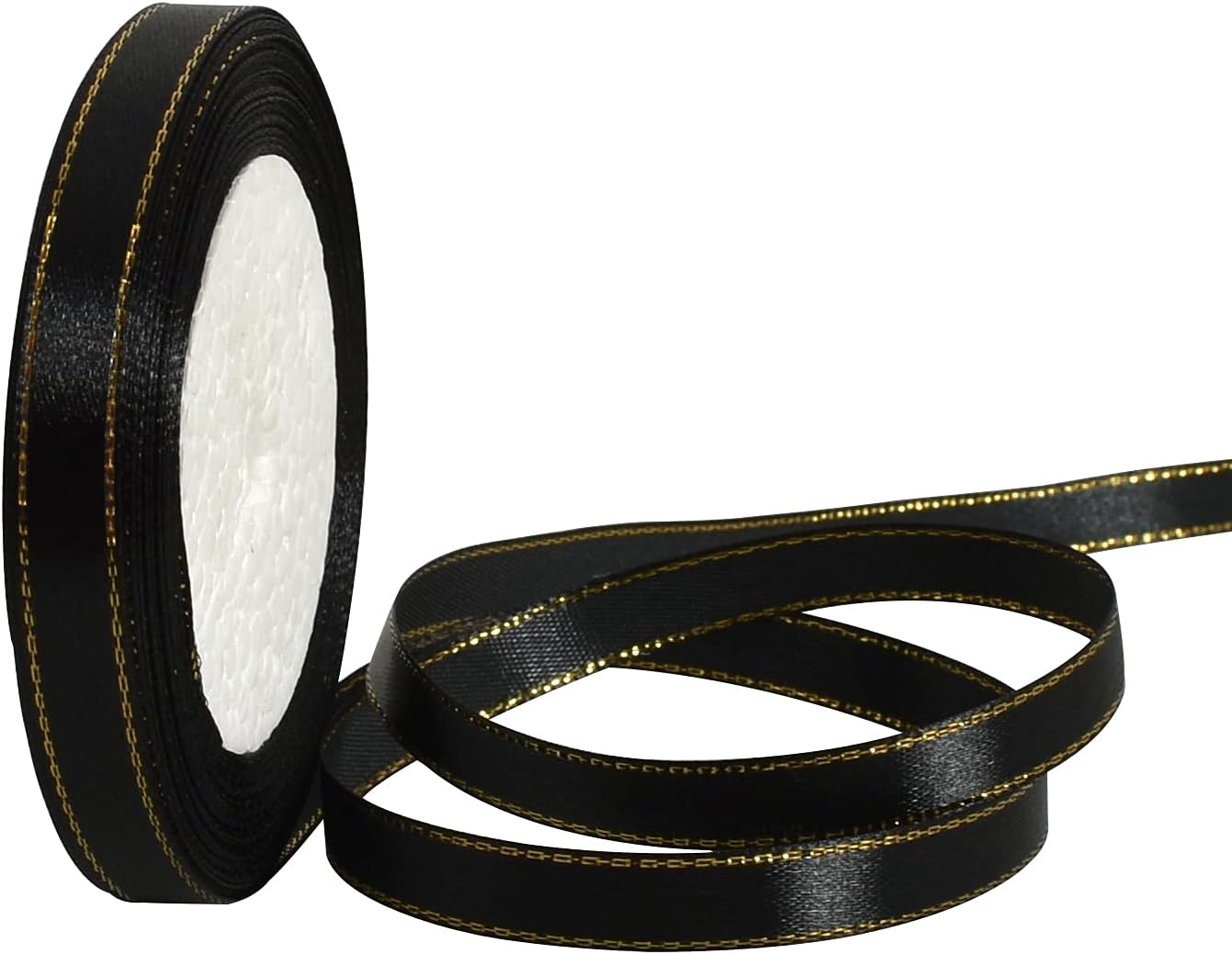 TONIFUL 1 Inch x 25 yds Thin Black and Gold Satin Ribbon with Gold Edges Border Fabric Ribbons for Gift Wrapping Wedding Birthday Cake Decoration,Halloween Bow Making Valentine's Day Bouquet