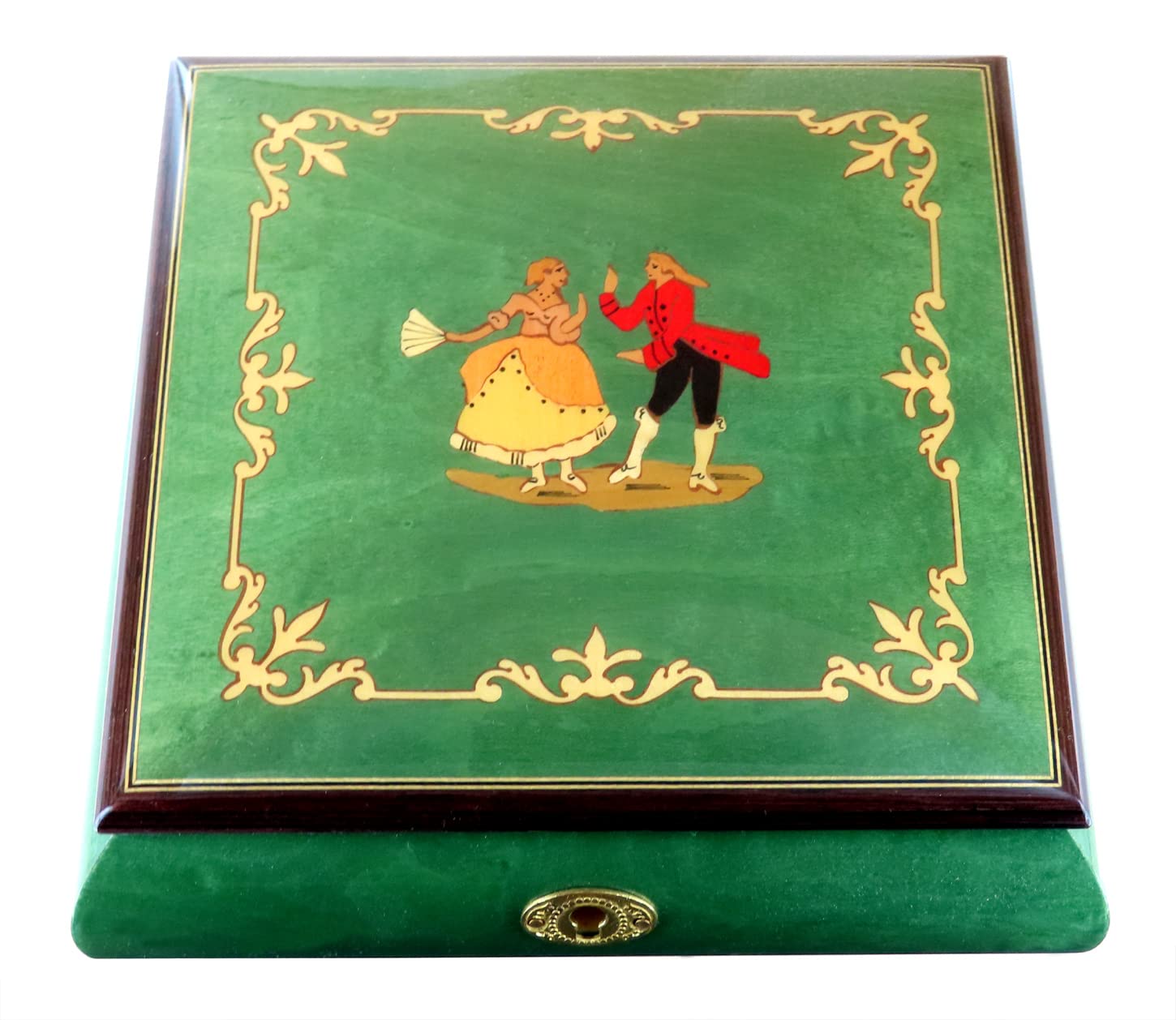 Caja de música para joyas / joyero musical de madera teñida verde claro con marquetería bailarines y mecanismo musical de resorte de 18 notas - Clair de lune - Claro de luna (Claude Debussy)