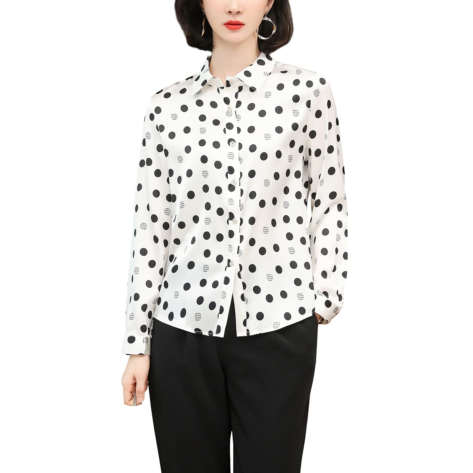DISSA S3510 - Blusa de seda para mujer, con botones, manga larga, con solapas, de seda, Blanco, 38