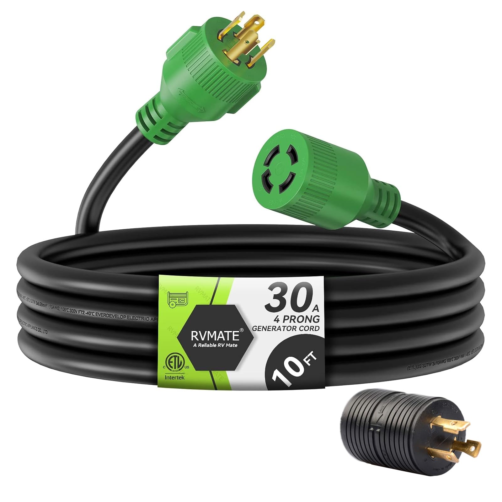 RVMATE 30 Amp Generator Cord 4 Prong 10 Feet, NEMA L14-30P/L14-30R, 125/250V Up to 7500W 10 Gauge SJTW Generator Extension Cord, ETL Listed