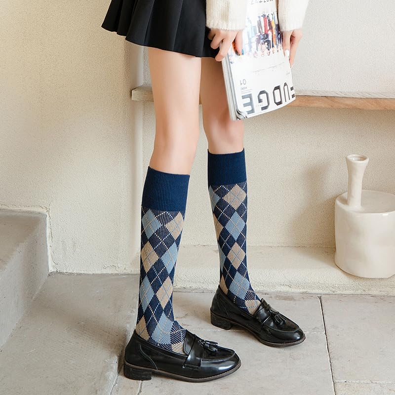 RosyClouds Womens Girls Knee High Socks Green Black Navy Blue Khaki Coffee Vintage Argyle Novelty Socks - Image 5