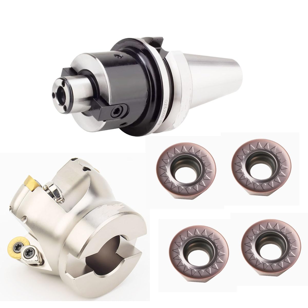 Internally Cooled milling Cutter Set, BT40-FMB27C-60+EMRW6R-80-27-6T-C, Milling Diameter 80mm, 6Edges, Installation Inner Hole 27mm. Comes with 20pcs milling Inserts RPMT1204MOE-JS