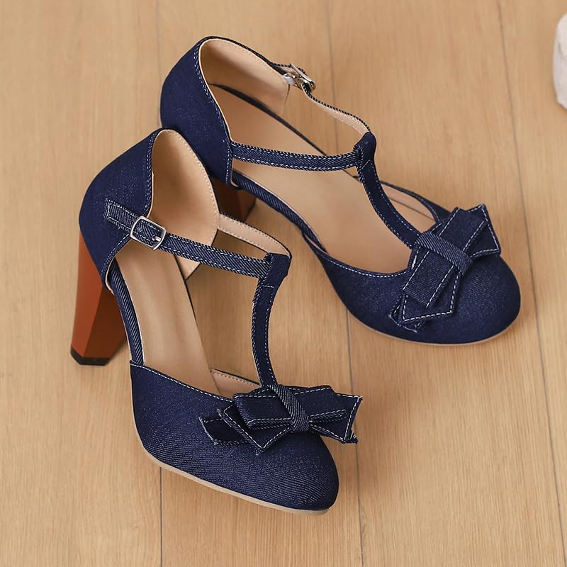 Image of Elbslutt Women's Cute Retro Rockabilly Shoes T Strap Mary Janes Heels Chunky Cosplay Shoes Sweet Block Heeled Bow Pumps