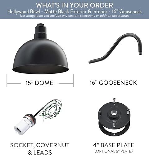 Miniatura 6 de Steel Lighting Co. Hollywood Bowl Light Montaje en pared al aire libre Cúpula de cuenco de 15 pulgadas Cuello de cisne de 16 pulgadas Luz de