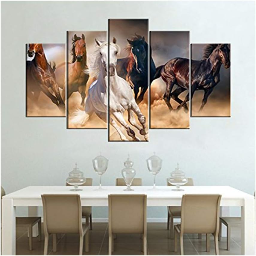 YYL Art 5 Horse Battlefield Ride Paintings of Running Wild Animal Picture Vintage Running in The Desert White Brown Mustang Horse Photo Canvas Print Family Backdrop Decoration for Living Room 5 Panel