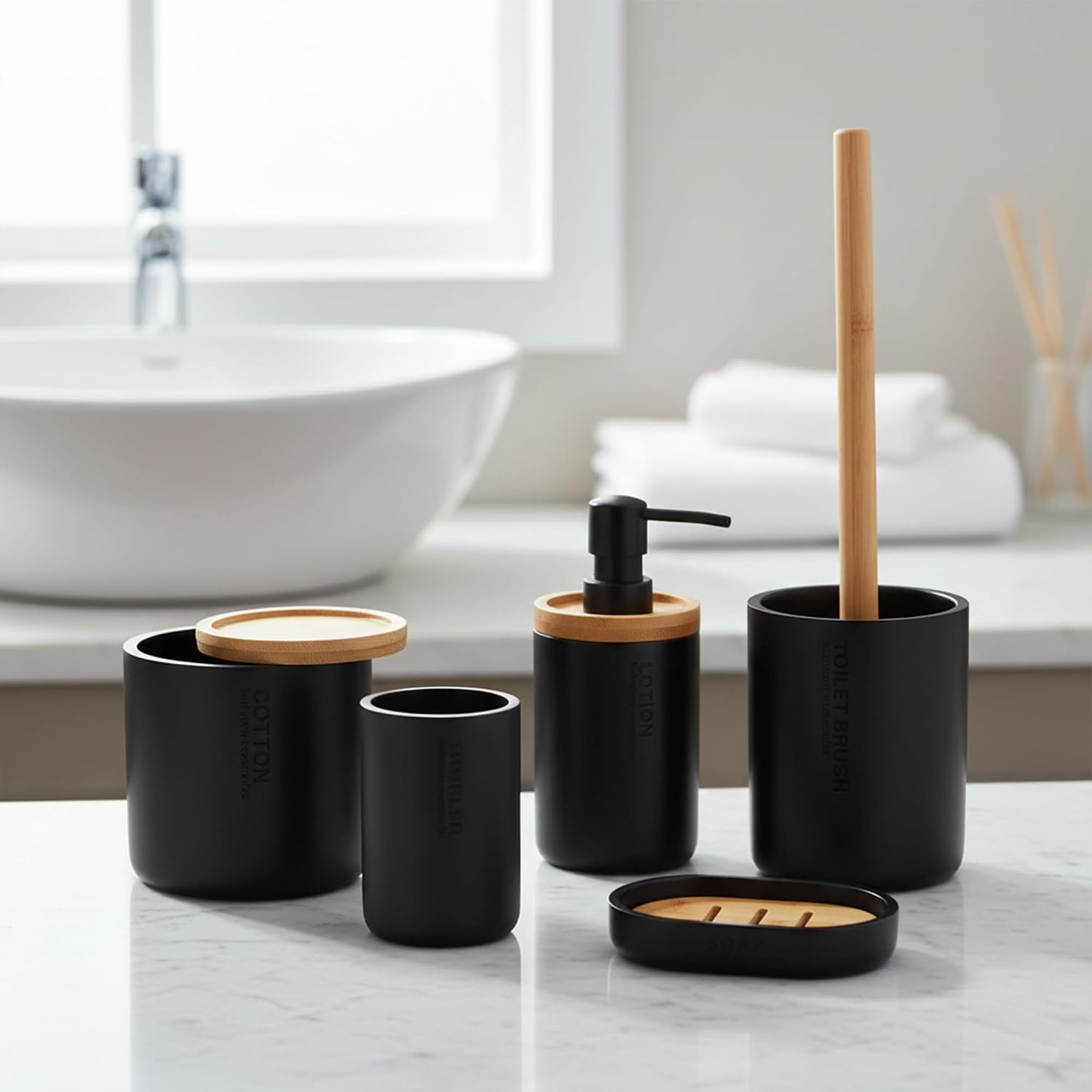 Sleek Matte Black Soap Dispenser with Natural Bamboo Detail - Polyresin Hand Pump, Elegant Bathroom Accessory