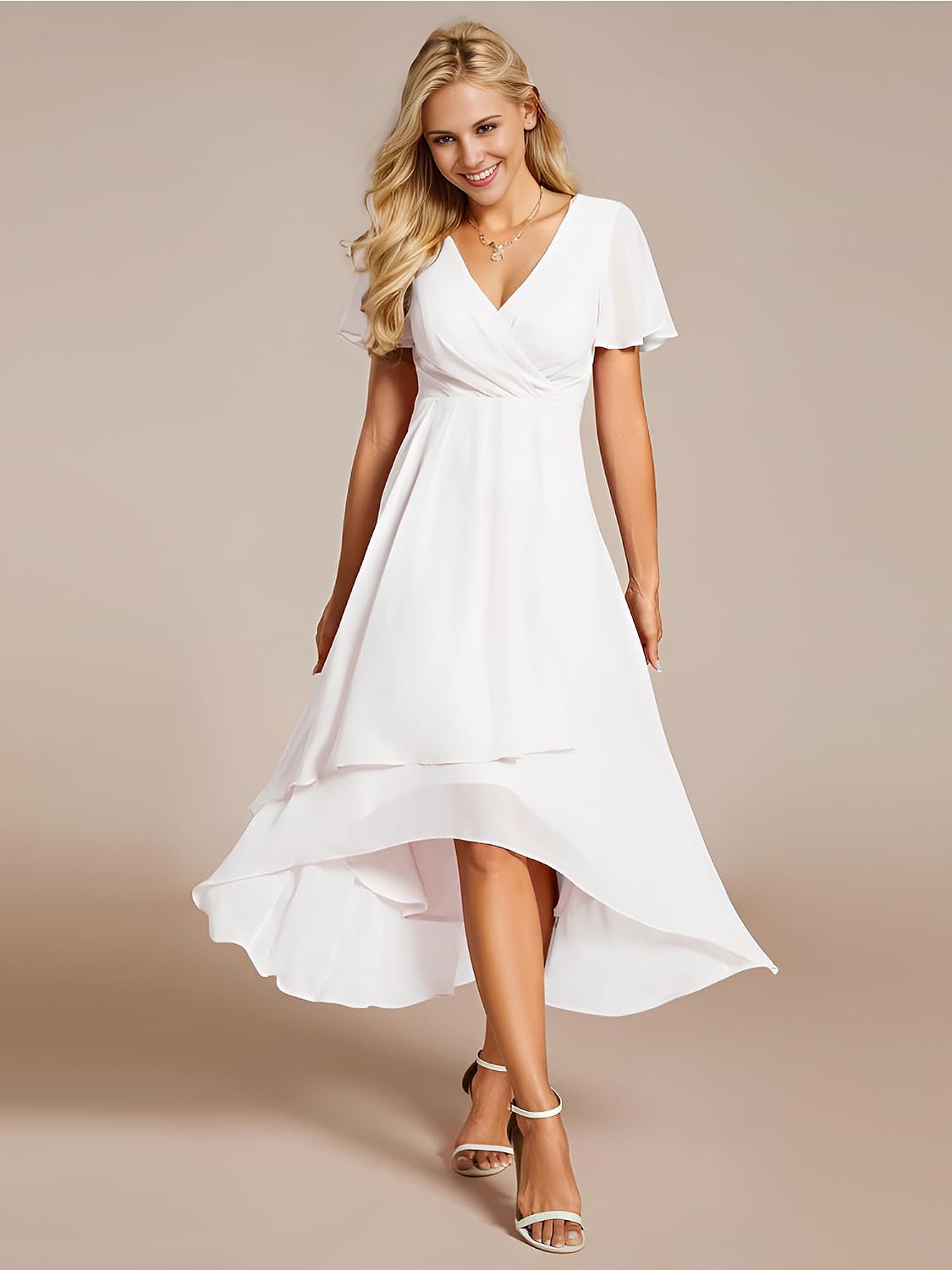 Ever-Pretty Women's Spring Summer Chiffon Wedding Guest Dresses V Neck Ruffle Sleeves Midi Semi Formal Cocktail Dress