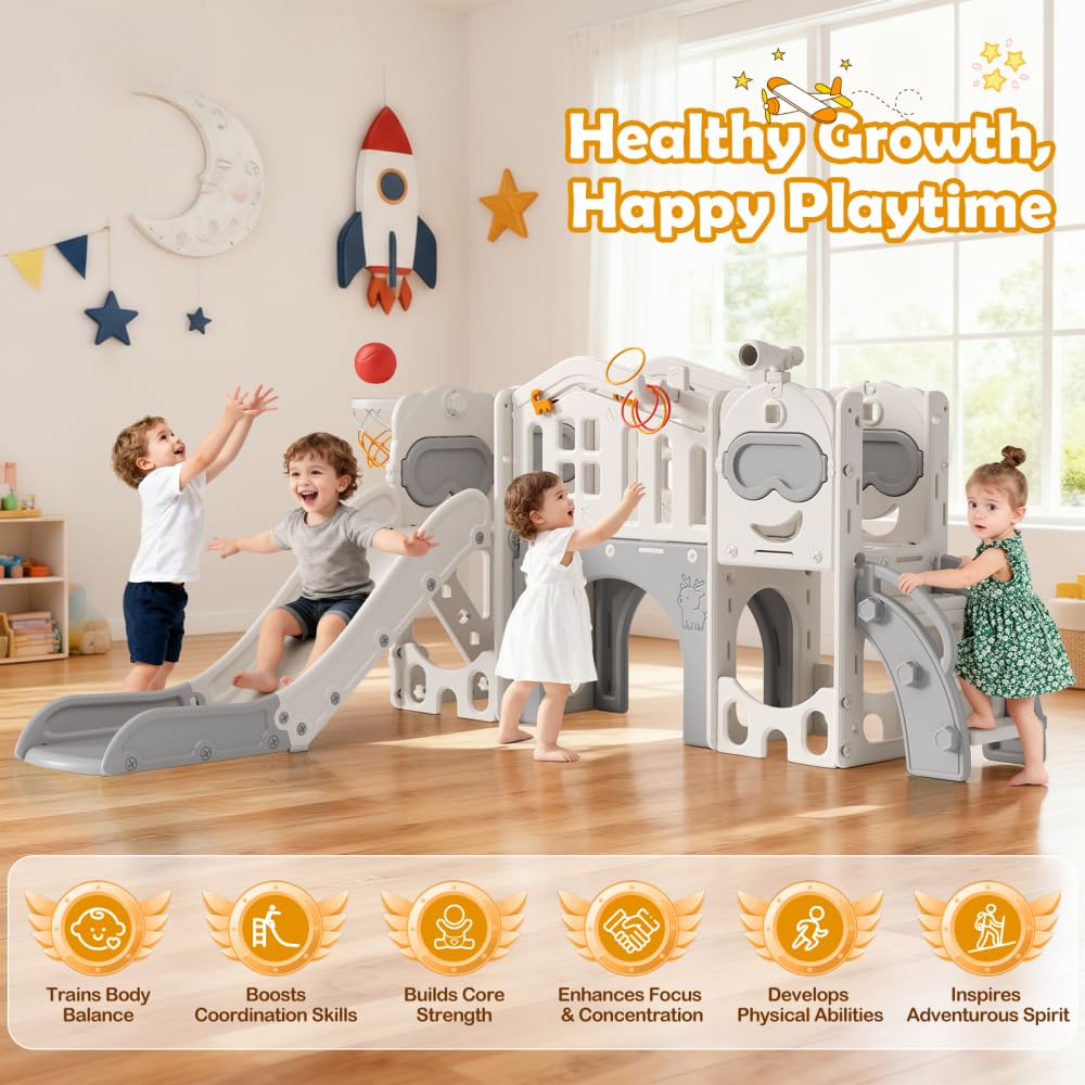 11-in-1 Kinderrutsche,Indoor- und Outdoor-Rutsche für Kinder mit Basketballkorb, Golf, Teleskop und Stauraum, für Kinder von 1-3 Jahren
