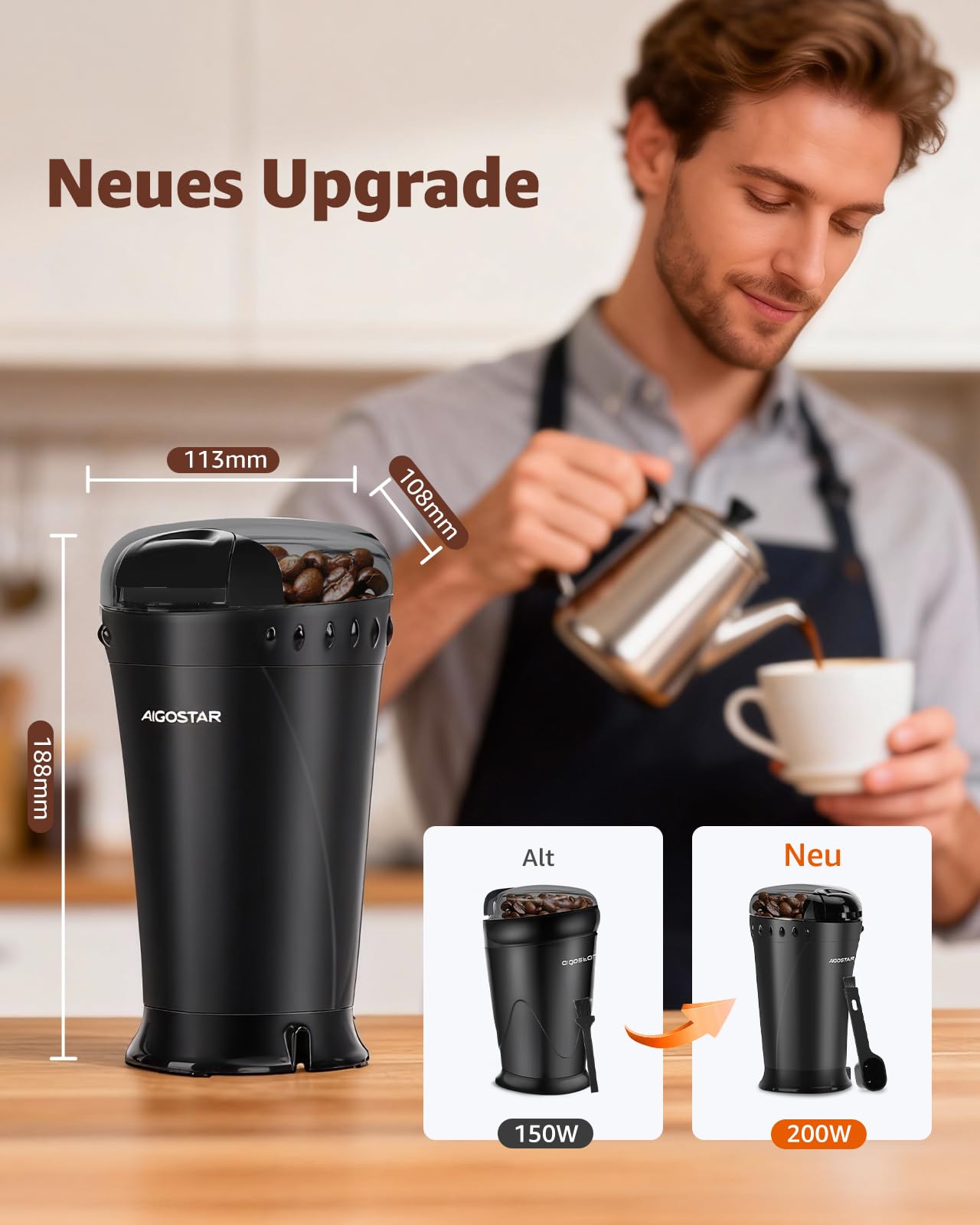 Aigostar kaffeemühle Elektrisch mit Edelstahl Schlagmesser 60g 200W Schwarz - Schnelle & Uniform Gewürzmühle mit Reinigungsbürste, BPA-frei, für Kaffeebohnen, Getreide, Gewürze und Nüsse Mühle