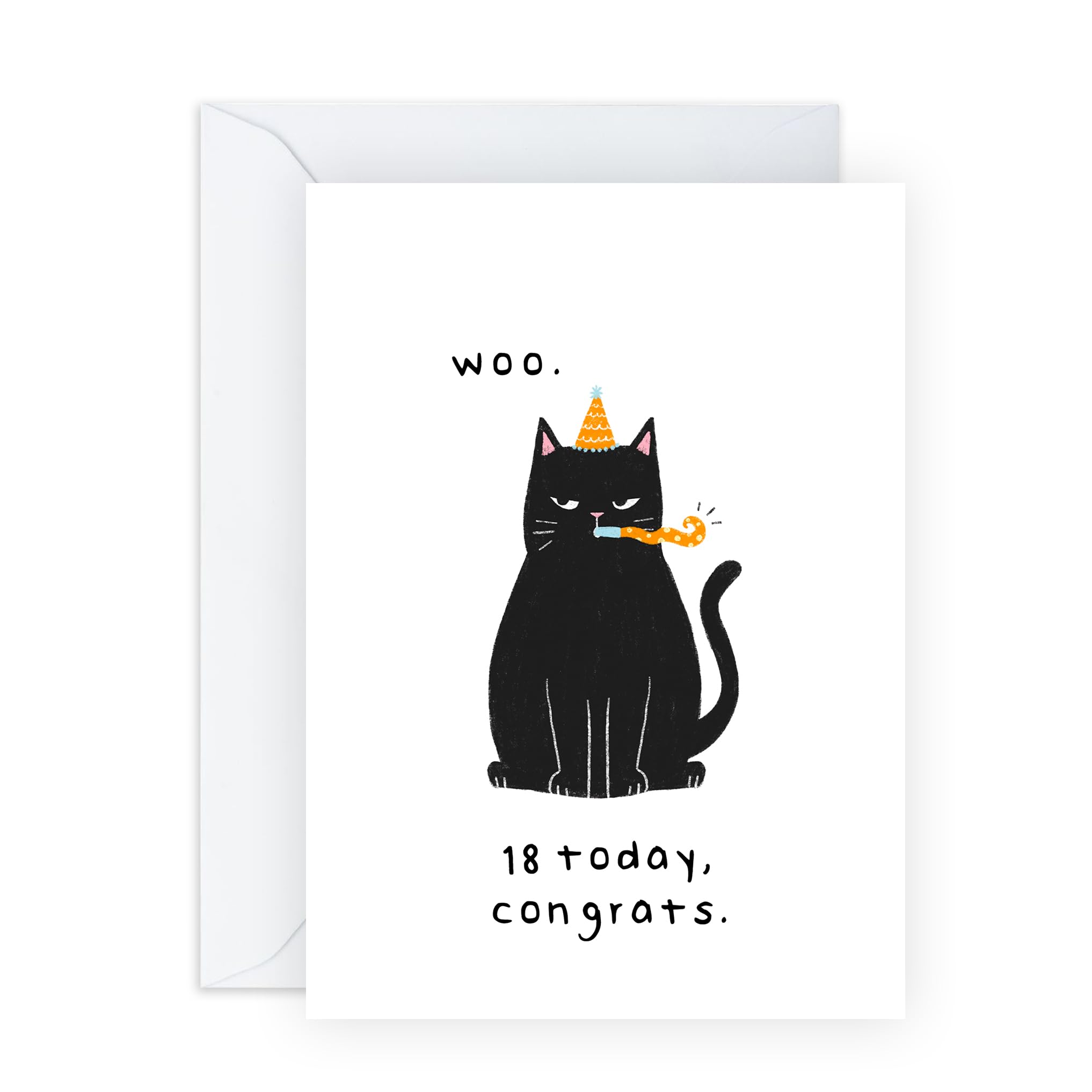 Funny 18th Cat Birthday Card - Woo Grumpy Cat - Sarcastic Birthday Cards For Men Women - Cheeky Gift For Cat Lovers - For Sister Brother Friends Turning Eighteen - Comes With Stickers