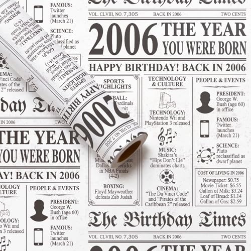 RUSPEPA 20th Vintage Birthday Newspaper Wrapping Paper Roll, Mini Roll, Vintage 2006 The Year You Were Born Retro Newspaper White Kraft Gift Wrap for Adult Milestone Birthday, 17 Inches x 16.4 Feet