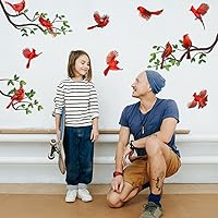 Vista 4 de SUPERDANT Calcomanía de pared con diseño de pájaro cardenal, diseño divertido de pájaros en rama, despegar y pegar, calcomanías de vinilo