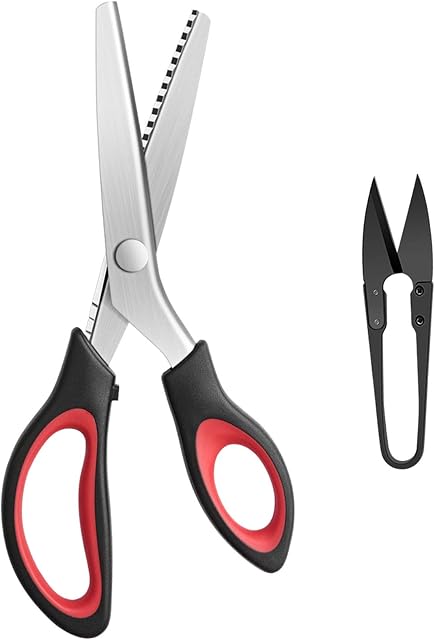 KUONIIY Pinking Shears Serrated, Comfort Grips Handled, Professional Dressmaking Sewing Craft, Zig Zag Cut Scissors, 9 Inch, Black Red