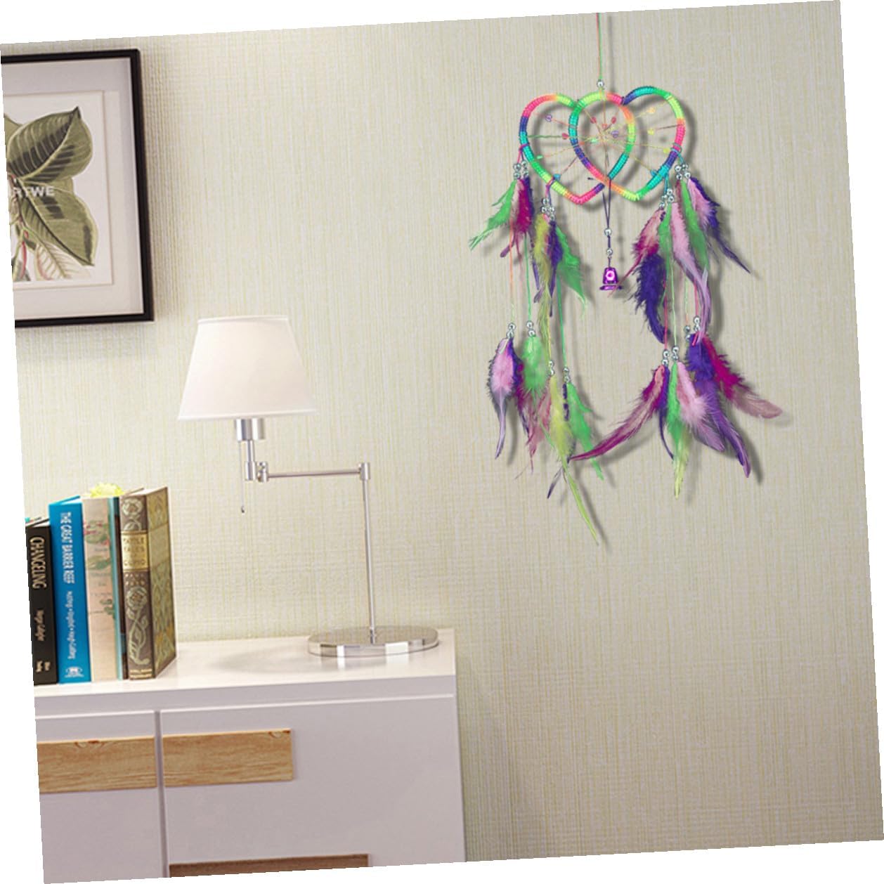 KALLORY Dreamcatcher Wall Hanging Decor with Colorful Plumes and Double Heart Design, 50cm Valentine's Day Ornament for Bedroom and Living Room Decoration image 3