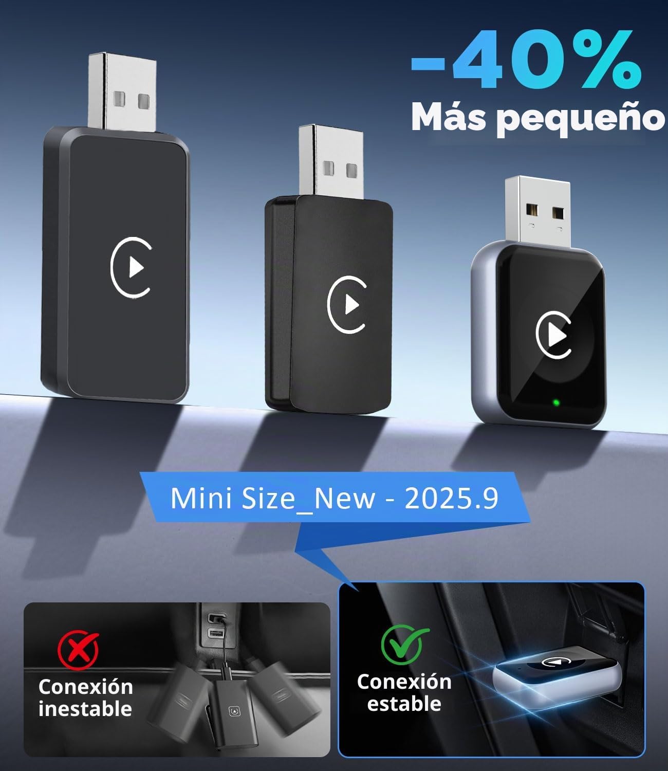 Adaptador CarPlay Inalámbrico para iPhone, Vehículos con CarPlay Integrado | Convertidor Que Transforma El CarPlay Cableado Original en Inalámbrico, Conexión Bluetooth, Conectores USB-A y USB-C