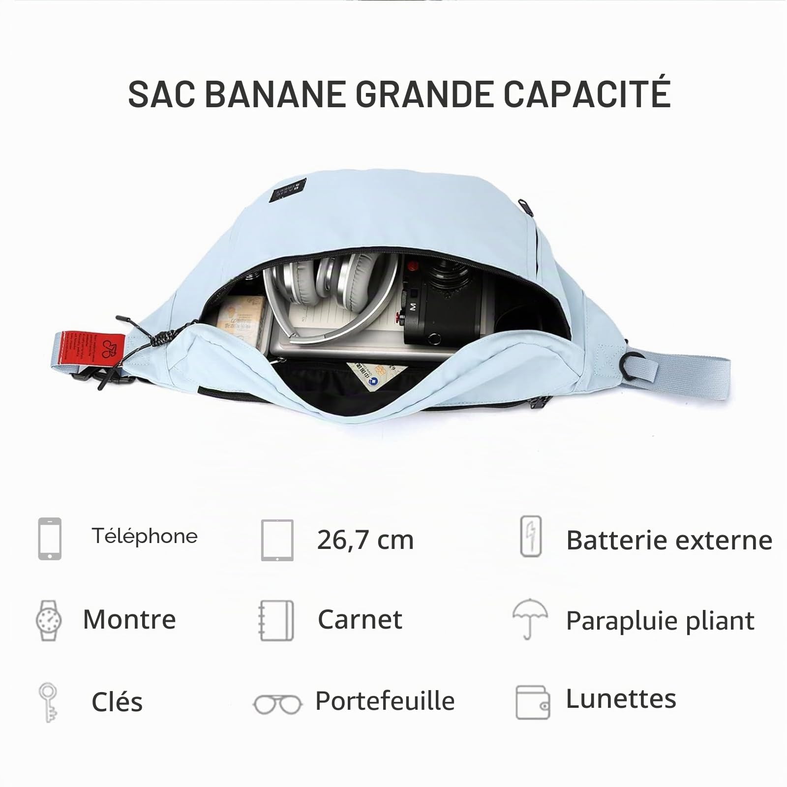 Grand sac banane à bandoulière pour homme et femme, sac banane imperméable avec sangle réglable et 5 poches zippées, bleu ciel, Large