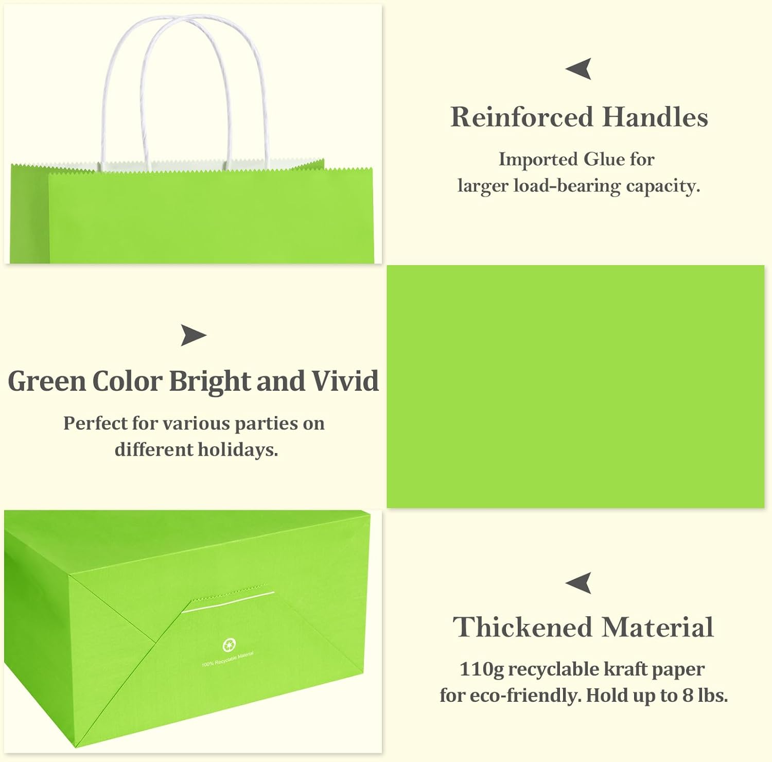 BagDream 8x4.25x10.5 Inch 100Pcs Green Gift Bags Medium, Kraft Paper Bags with Handles Bulk for Welcome Party Favors, Baby Shower, Goody, Treat, Retail, Grocery Paper Sacks - Image 4
