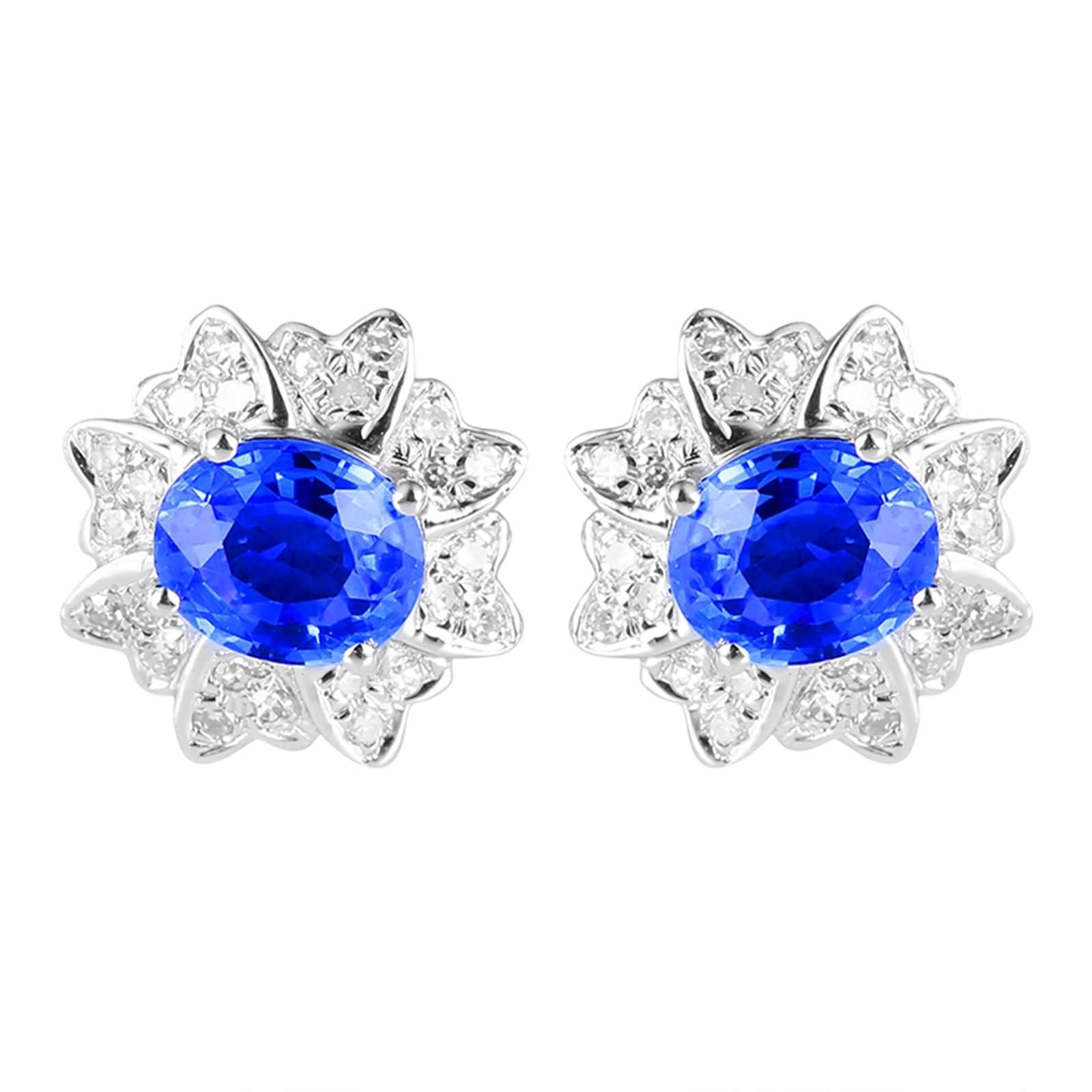 9K / 14K / 18 K Weißgold Ohrringe für Damen, Blume und Oval mit Erstellter Saphir 1,06 Karat und Moissanit, Damen Ohrringe Ohrstecker Blau Silber