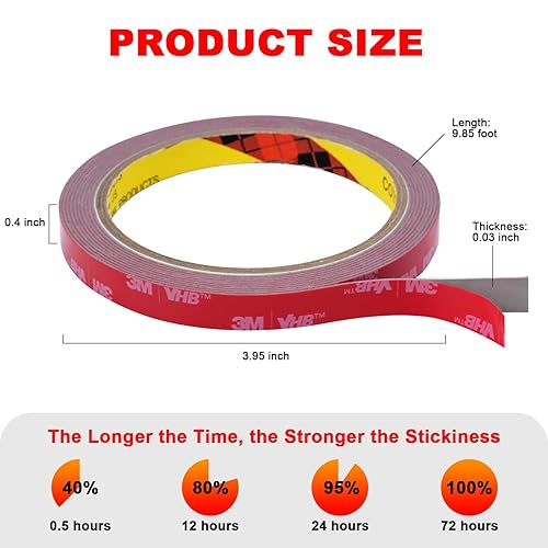 Miniatura 2 de Cinta de doble cara resistente, 9.85 pies x 0.4 pulgadas, cinta adhesiva resistente al agua, cinta adhesiva fuerte para automóvil, pared, tira de