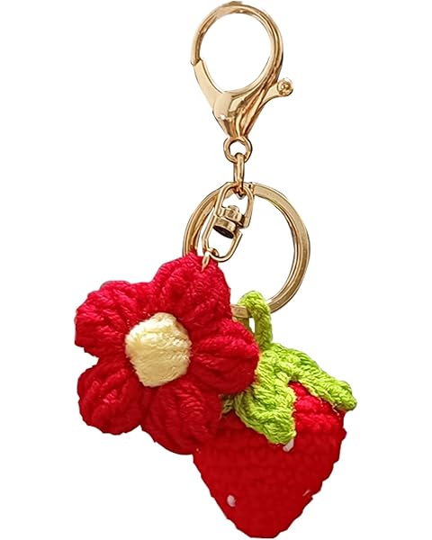 Cute Crochet Keychain, Knitting Strawberry Flower Key Chain for Women Girls, Aesthetic Floral Keychain Charm Decor Accessory, Handmade Creative Pendant for Bag Purse Backpack Handbag