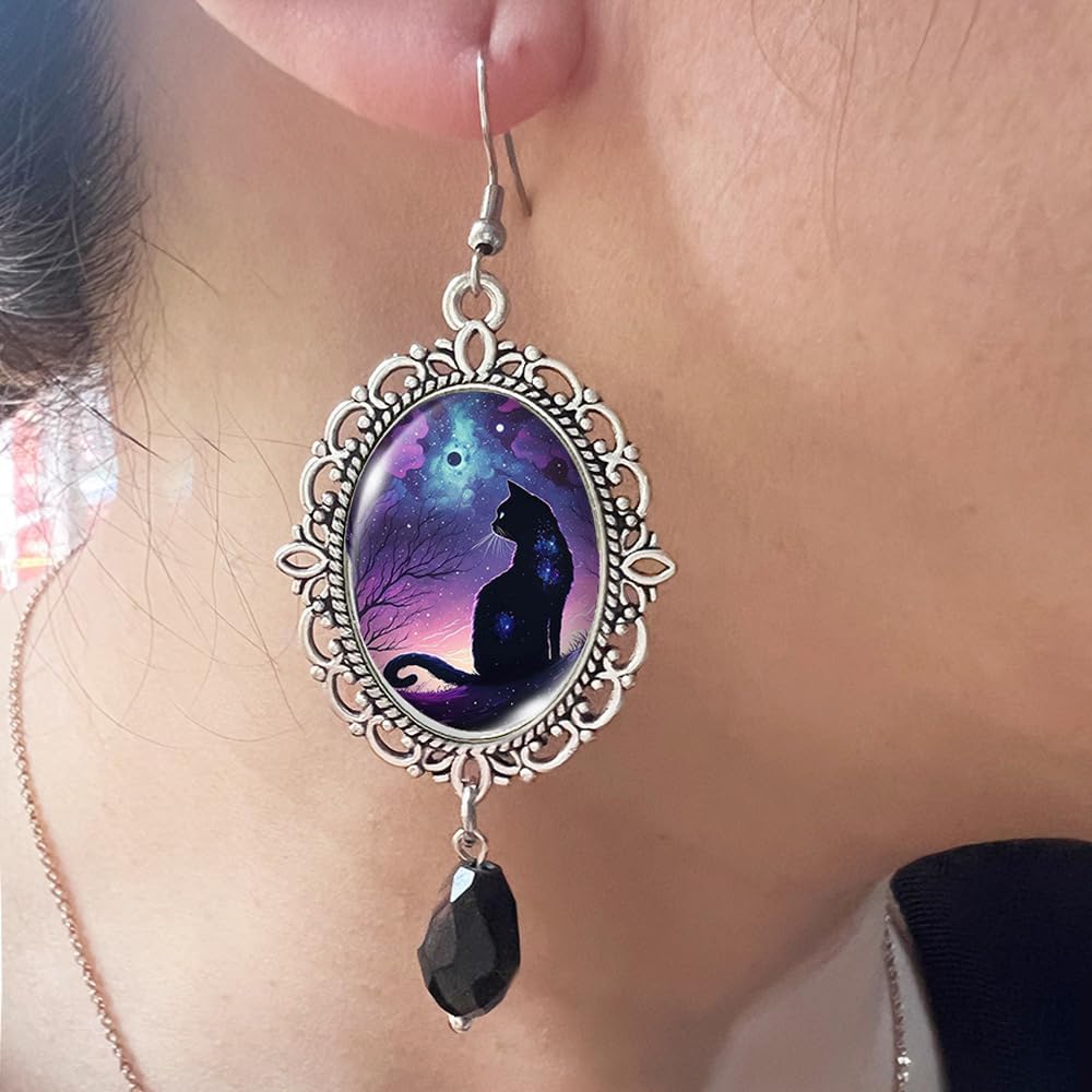 Gothic Black Cat Cameo Earrings Vintage Crystal Glass Cats Silver Finish Frame Dangle Earring with Black Bead Goth Victorian Earring Punk Style Mystery Earring Halloween Jewelry for Women - Image 2