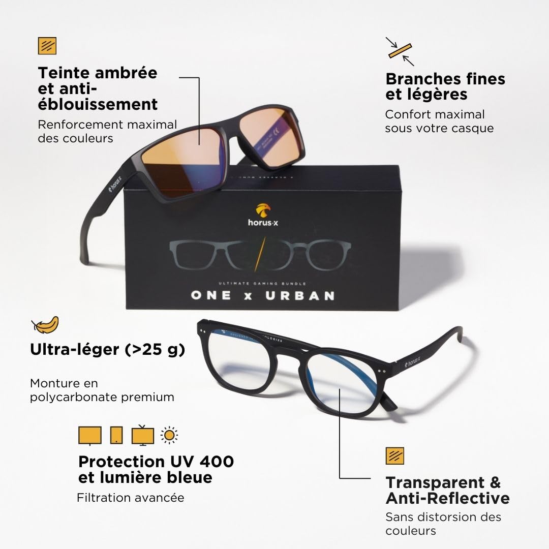 Horus X - Lunettes Anti lumière Bleue Gaming et Bureau - Filtre Protection Ecran Jeux Vidéos Console Ordinateur PC - Accessoire Gamers Homme et Femme