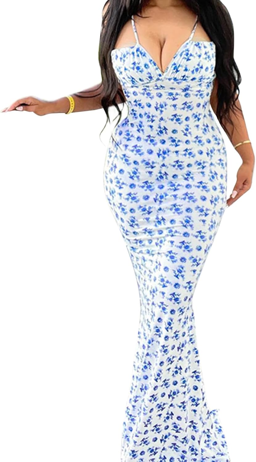 Women Backless Maxi Dress Sexy Sleeveless Spaghetti Strap Floral Bodycon Maxi Dress Cocktail Party Long Dress