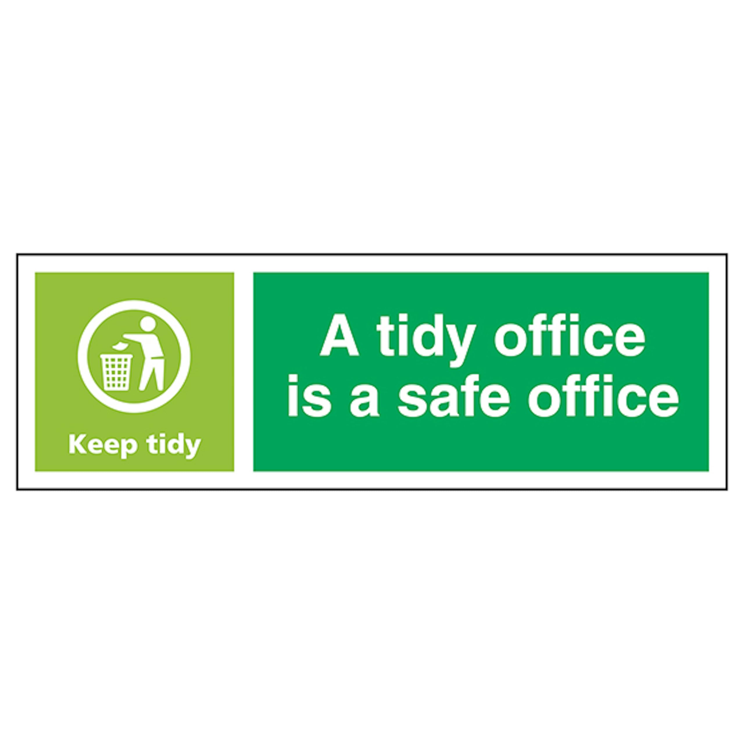 V Safety A Tidy Office Is A Safe Office, Keep Tidy - Landscape 300 x 100 mm - 3mm Brushed Aluminium Composite Safety Sign