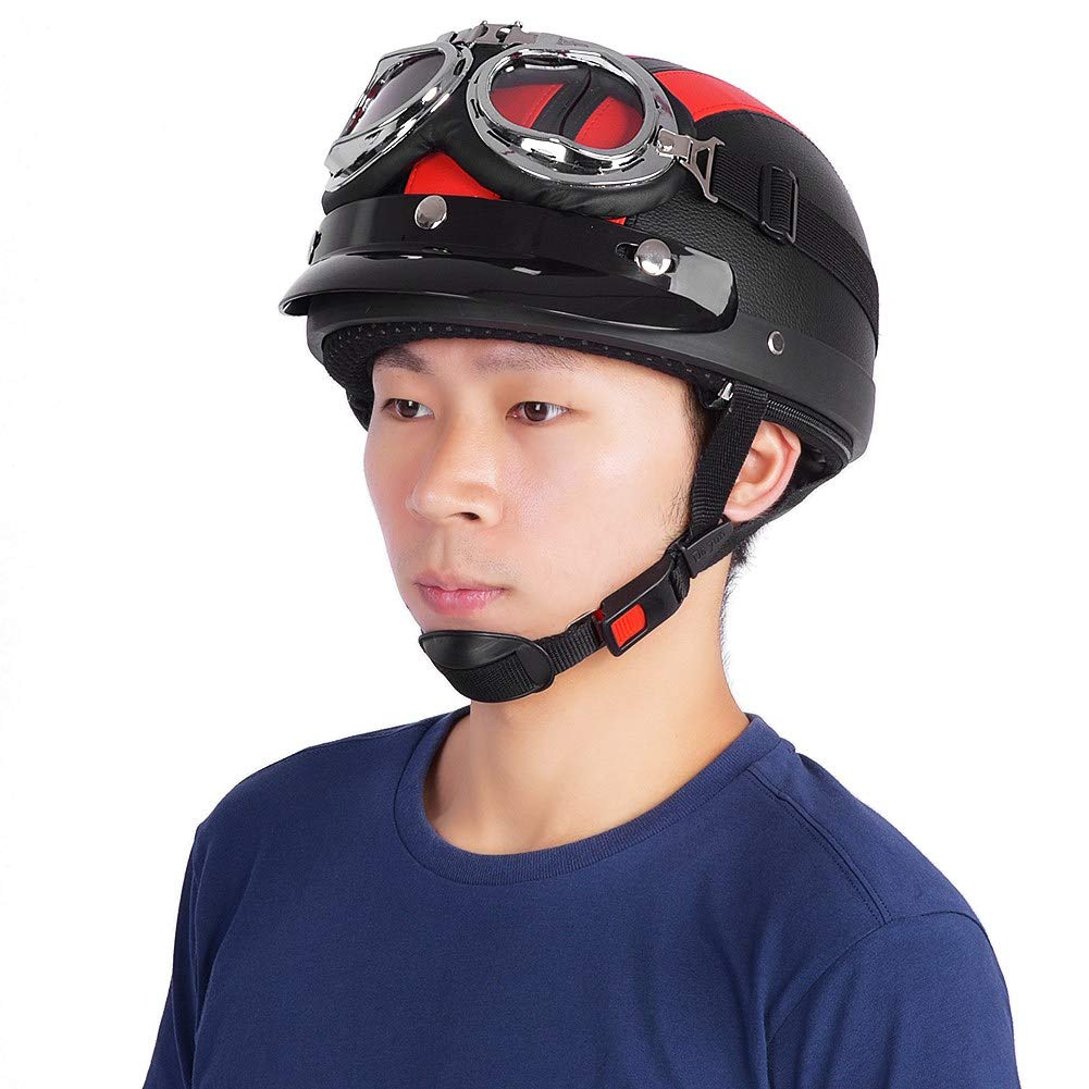Dioche Halbhelm, offen, aus Leder, Halbleder, für Roller, mit -Visier, Halbhelm, Motorradhelm, offener Motorradhelm, Universalhelm für Motorrad (Rot)