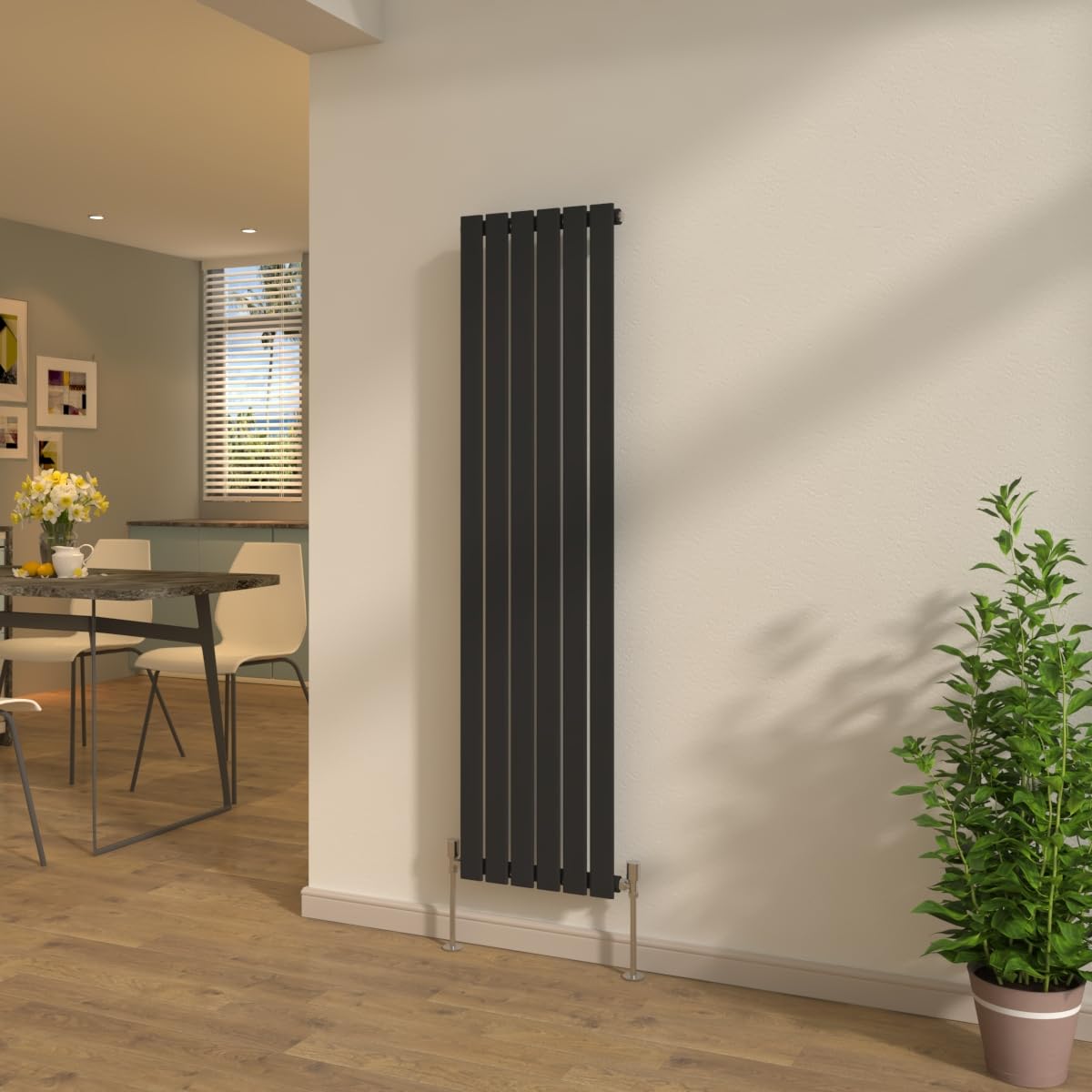 NRG Designer Black Flat Panel Single Column Radiator 1600x408mm Vertical Central Heating Rads + Free Angled Valves