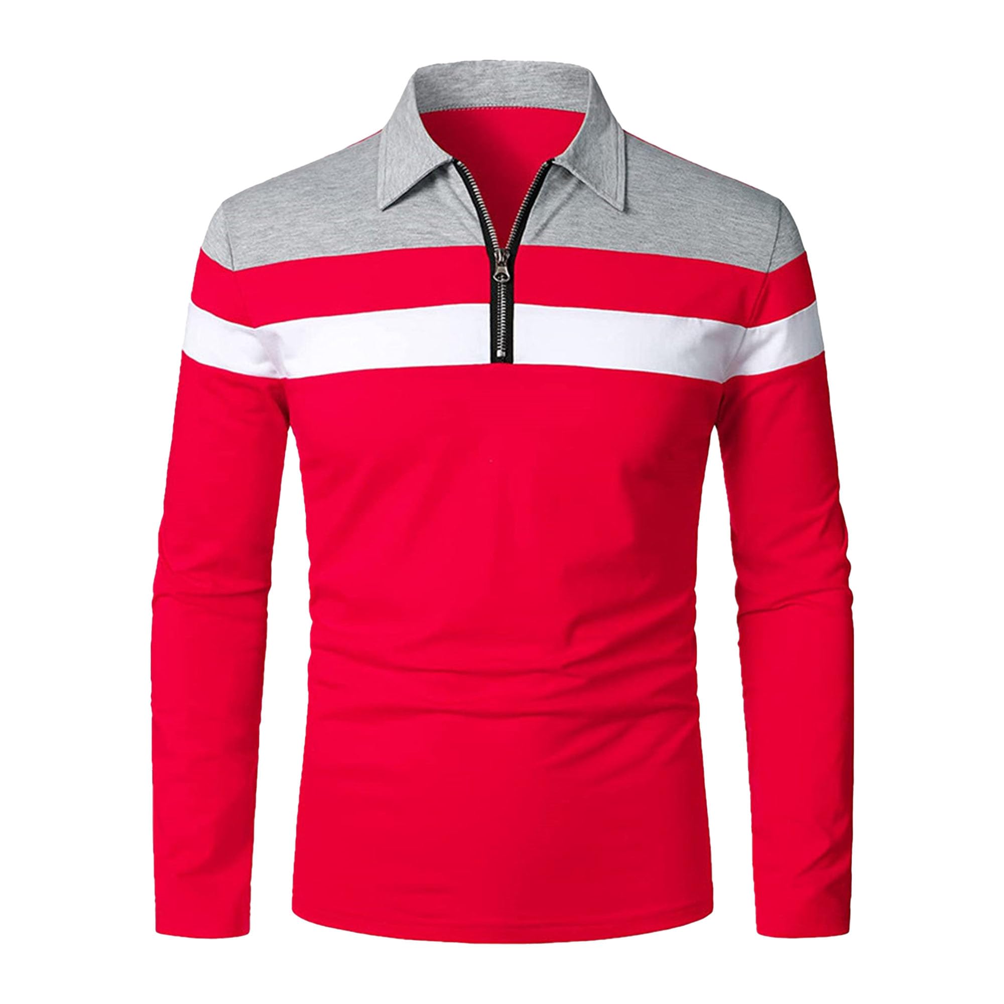 Men’s Long Sleeve Polo Shirt Casual Slim Fit Shirts Activewear Contrast Color Patchwork T Shirts Tops (XX-Large,Red)