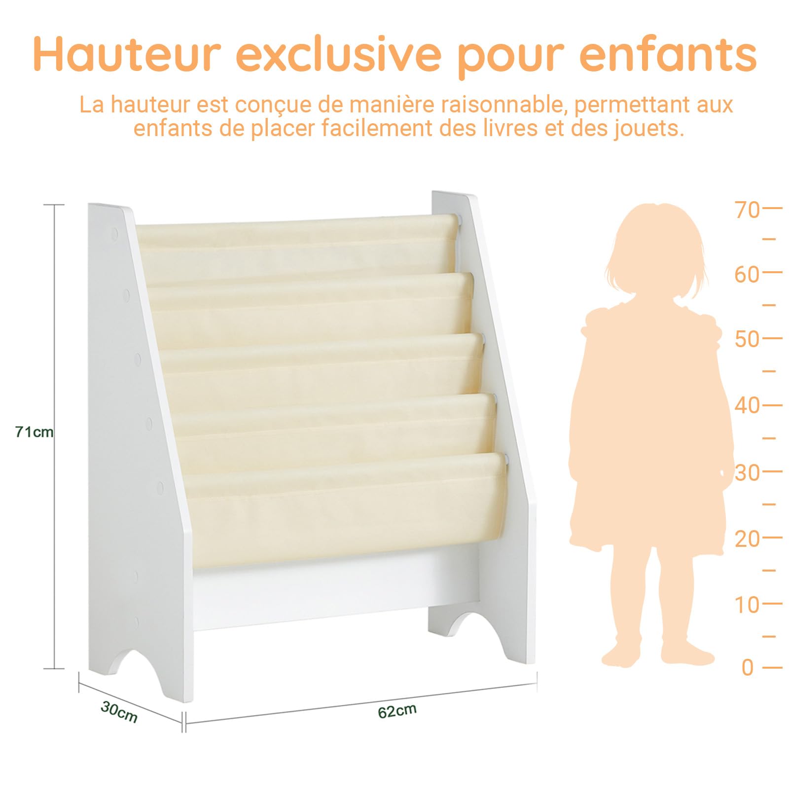 SoBuy Bibliothèque Enfant Rangement Jouet Enfant avec 4 Poches Tissu Étagère Chambre pour Jouet et Livre Bibliothèque Meuble de Rangement Blanc 62x30x71cm FRG225-W