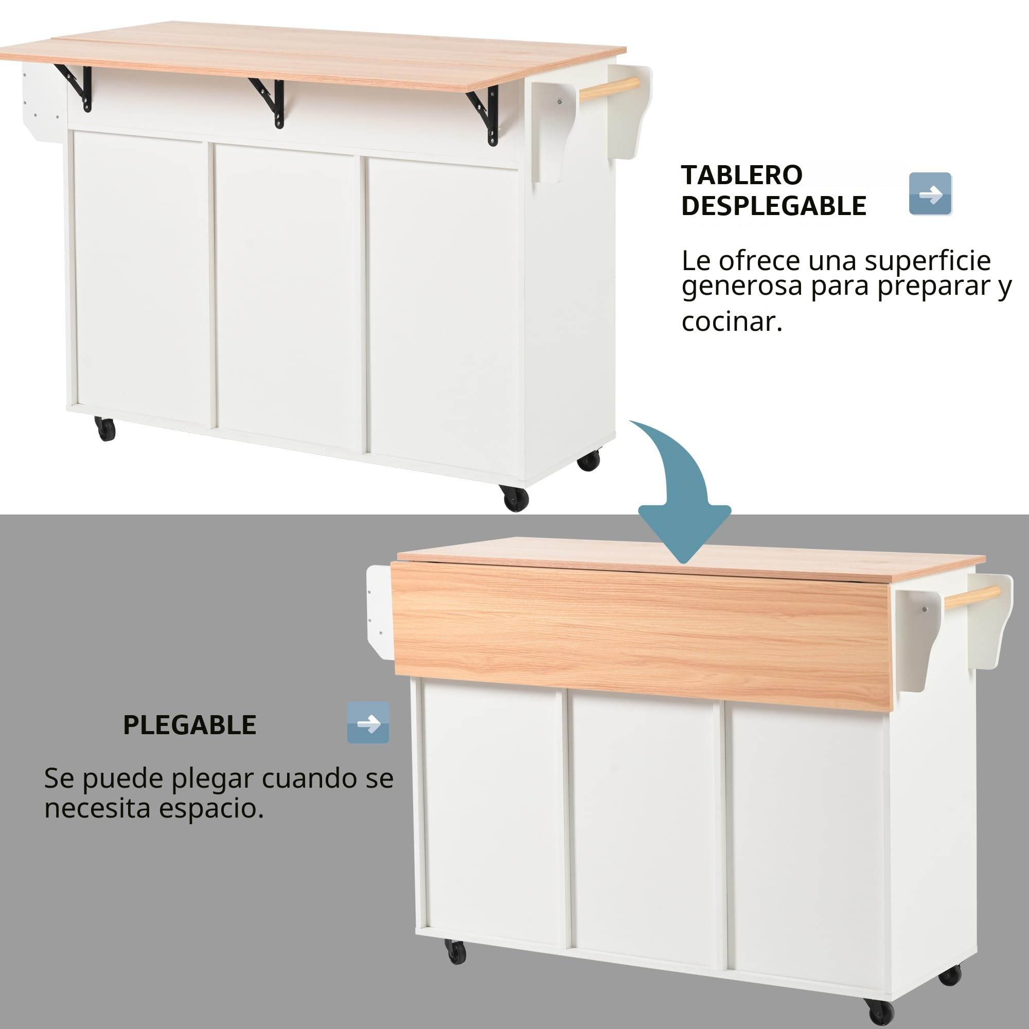 Isla de cocina con superficie de trabajo abatible, isla de cocina móvil con carro de servir sobre ruedas con 3 cajones/2 compartimento cerrado/patas intercambiables de madera maciza, 129x46(71