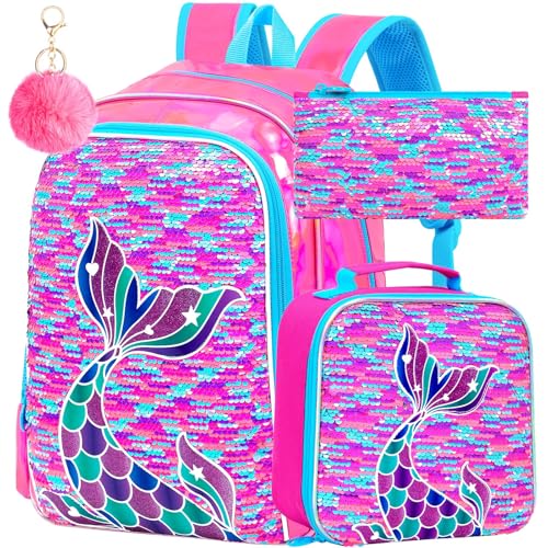 Image of 3Pcs Mermaid Girls Backpack, 16 inch Sequin Fish Tail Bookbag Set for Kids, Elementary Preschool Preschool School Backpacks with Lunch Box (Rose)