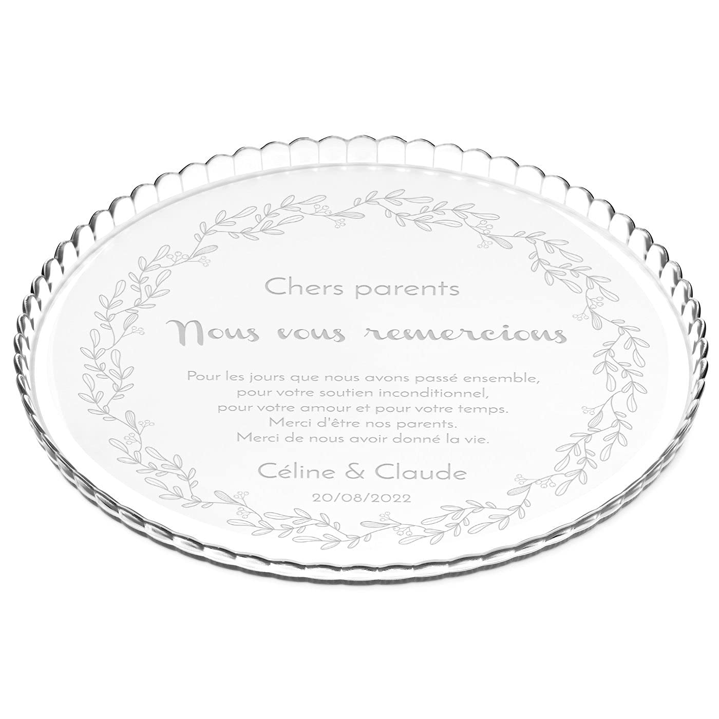 MAVERTON Plat à gâteau Rond avec Gravure - en Verre - Personnalisé - Idée Cadeau pour Un Fan de Cuisine ou pour Un Gourmand - Cadeau pour Couple - Couronne