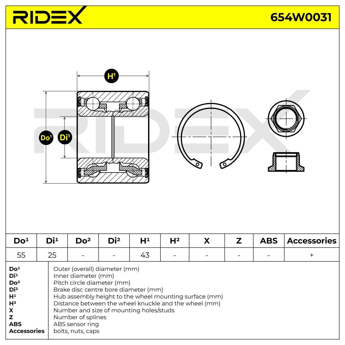 RIDEX 654W0031 Radlagersatz pro Rad Hinten Außen: 55mm Innen: 25mm Kompatibel mit RENAULT Clio 3 Schrägheck BR0/1, CR0/1 4321000Q0L 6001550814 4321000QAD