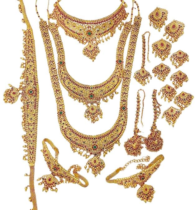 Nagneshi Art Womens _1 Choker Necklace Set, 1 Long Layered Rani Haar, 1 Pair Of Matching Earrings, 1 Pair Of Hathphool, 1 Piece Nath, 1 Matha Patti, 1 Maang Tika And 1 Pasa Set (B0B65666PT) Amazon Price History, Amazon Price Tracker